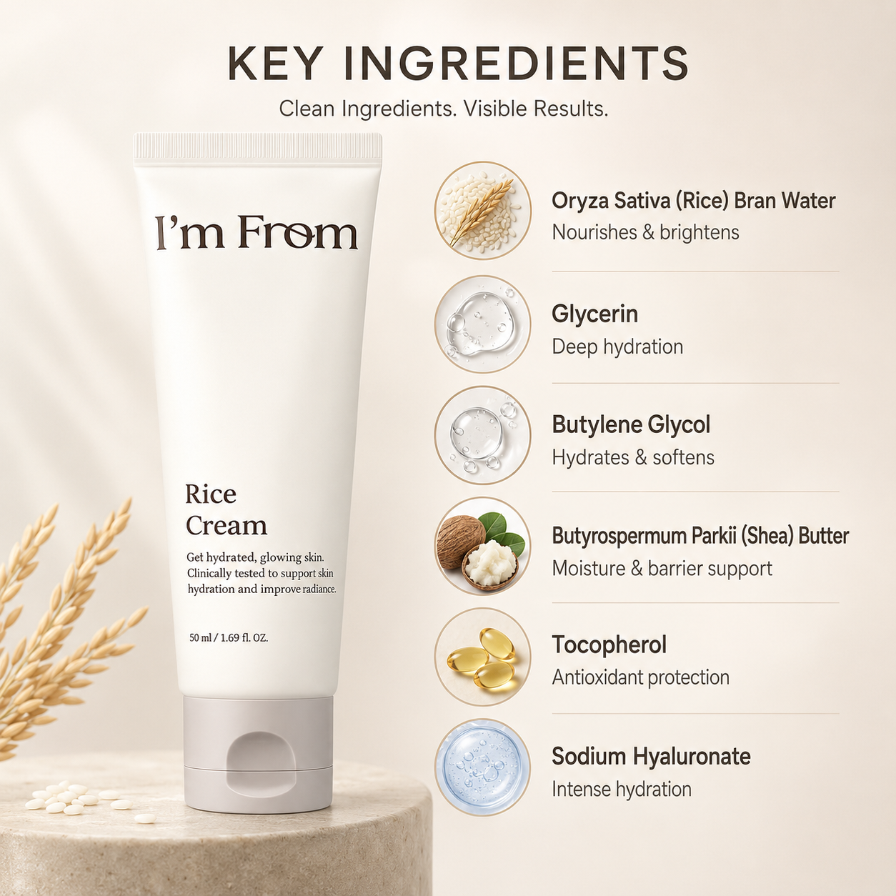 I'm From Rice Cream 50ml hydrating face cream for dry and sensitive skin, nourishing the skin barrier with rice bran water for lasting moisture.