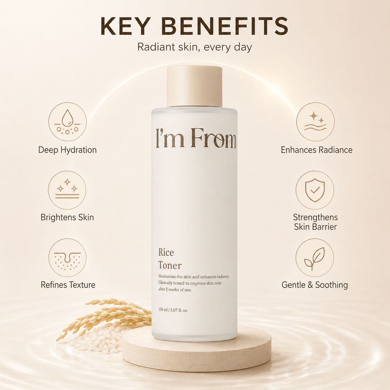 I'm From Rice Toner 150ml face toner with rice extract, designed to hydrate, brighten dull skin, and improve overall skin texture.
