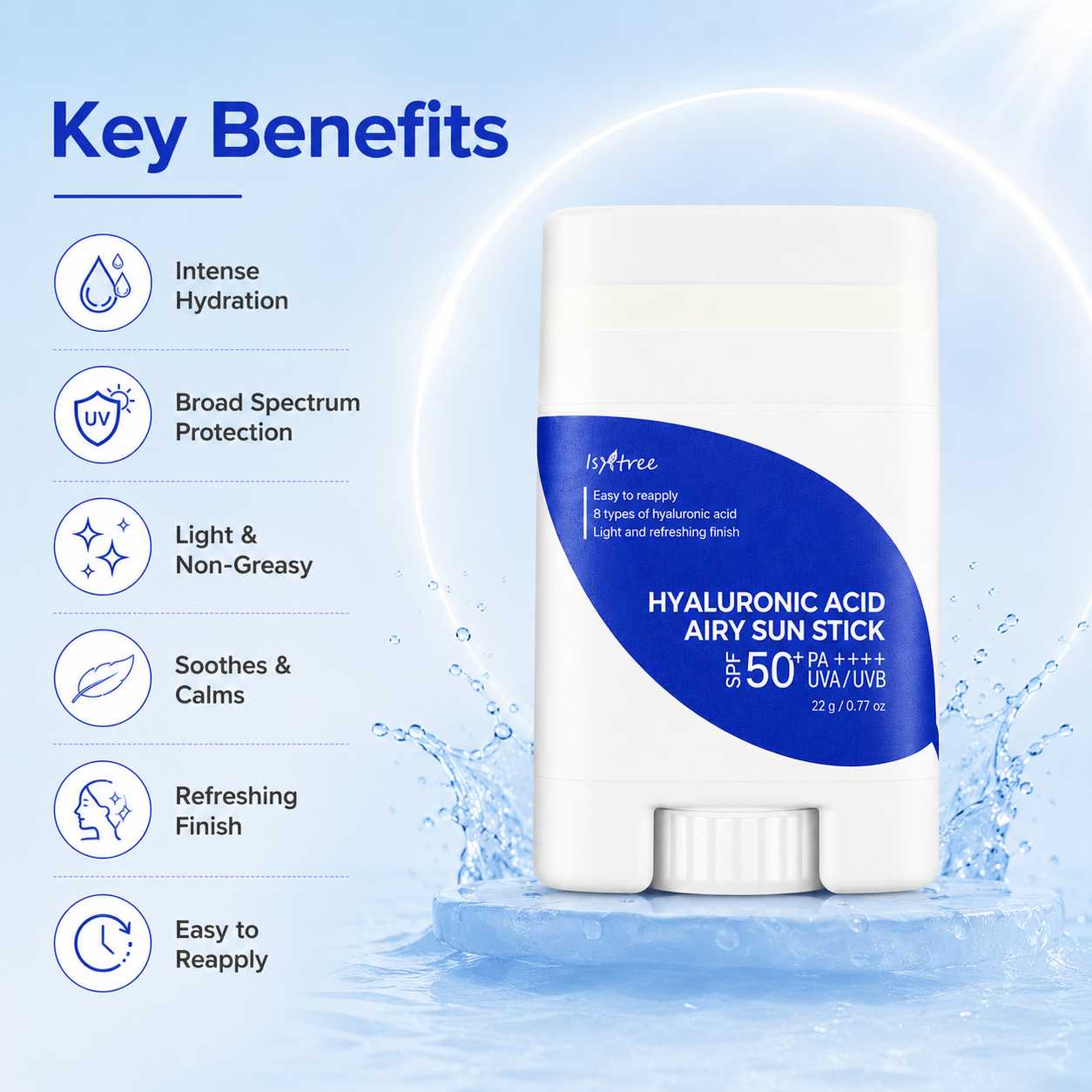 Isntree Hyaluronic Acid Airy Sun Stick SPF50+ PA++++ 22g facial sunscreen stick providing lightweight UVA/UVB protection and lasting hydration.