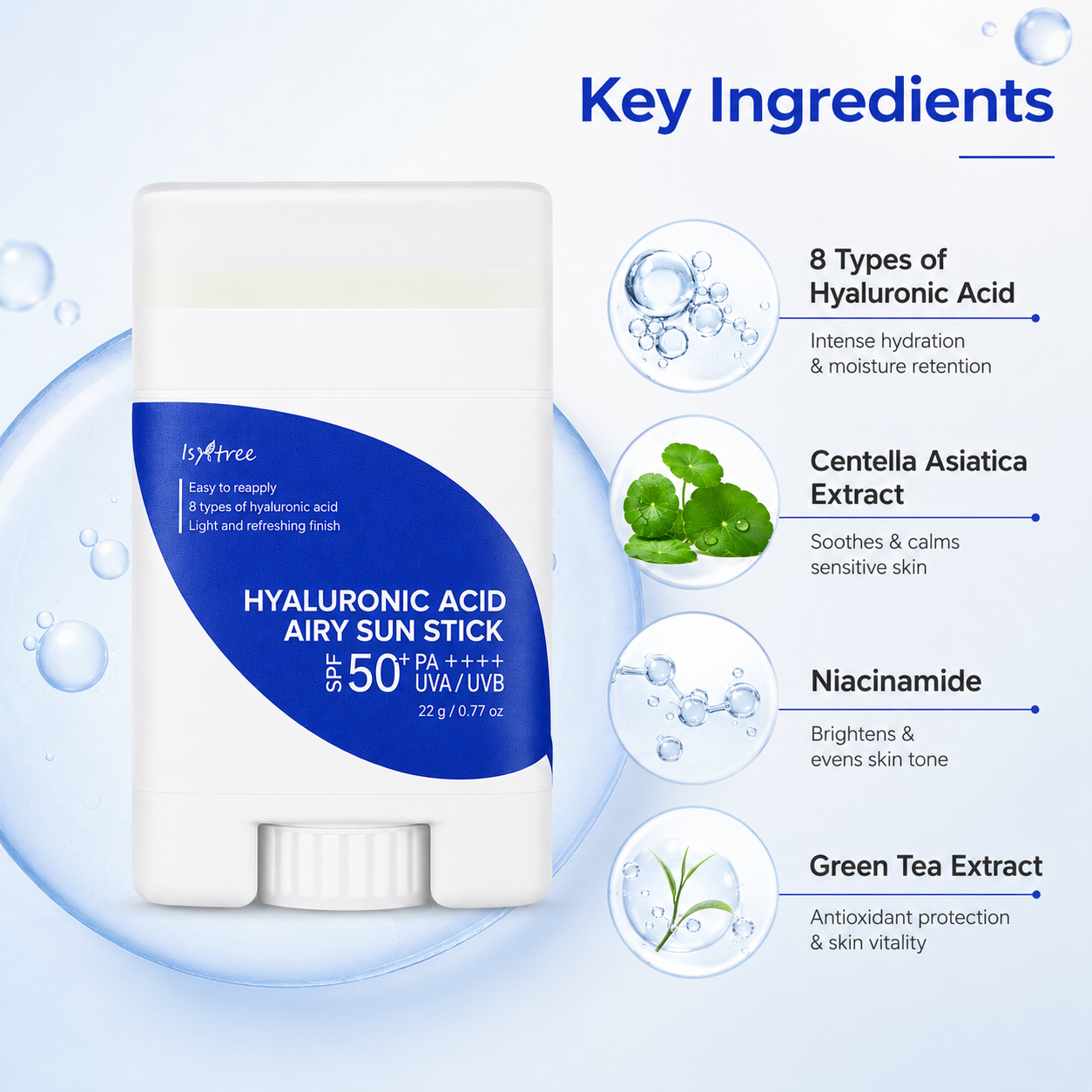Isntree Hyaluronic Acid Airy Sun Stick SPF50+ PA++++ 22g facial sunscreen stick providing lightweight UVA/UVB protection and lasting hydration.