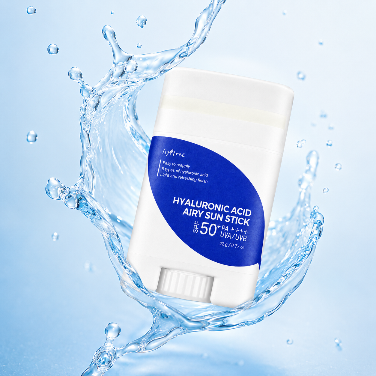 Isntree Hyaluronic Acid Airy Sun Stick SPF50+ PA++++ 22g facial sunscreen stick providing lightweight UVA/UVB protection and lasting hydration.