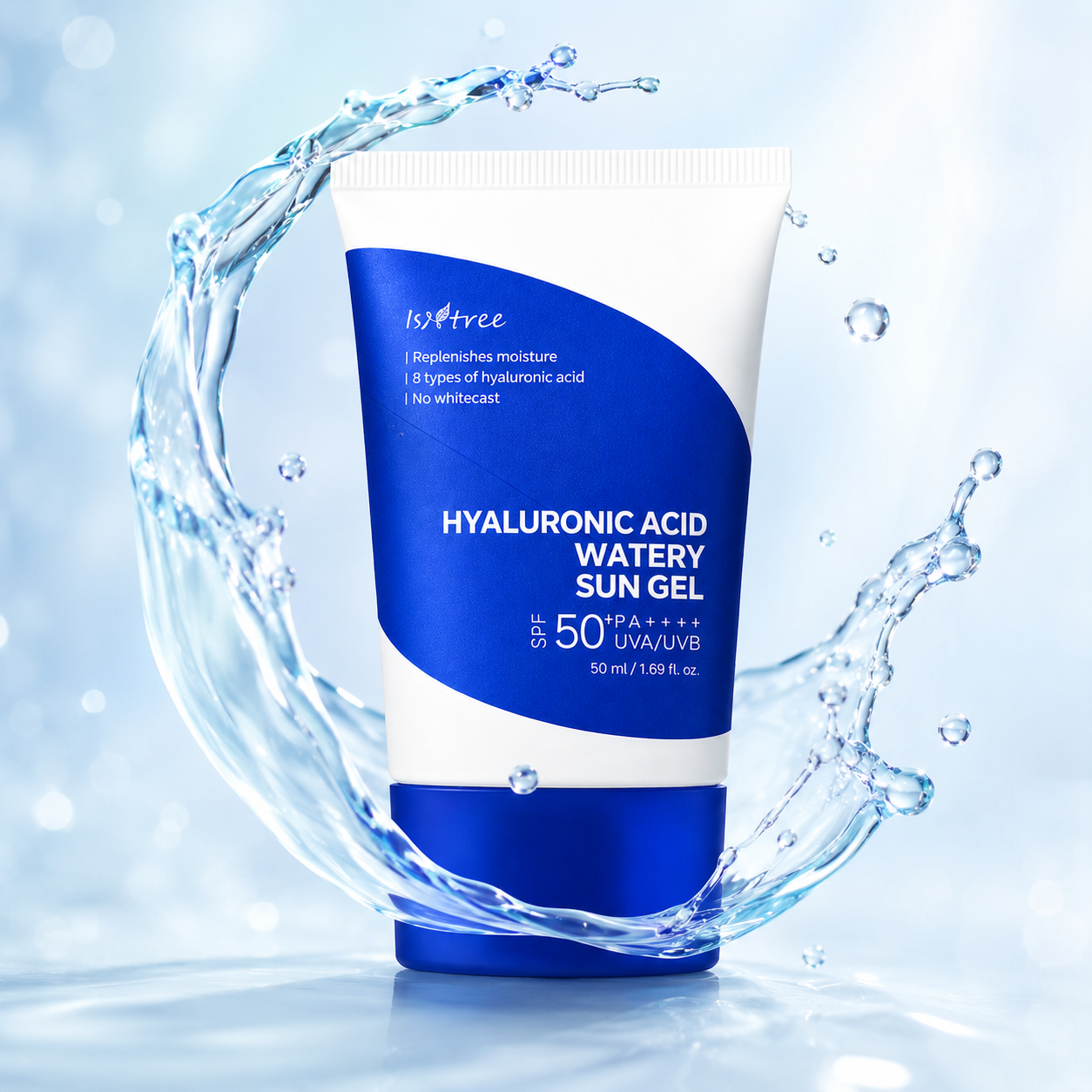 Isntree Hyaluronic Acid Watery Sun Gel SPF50+ PA++++ hydrating facial sunscreen 50ml with lightweight no white cast protection.