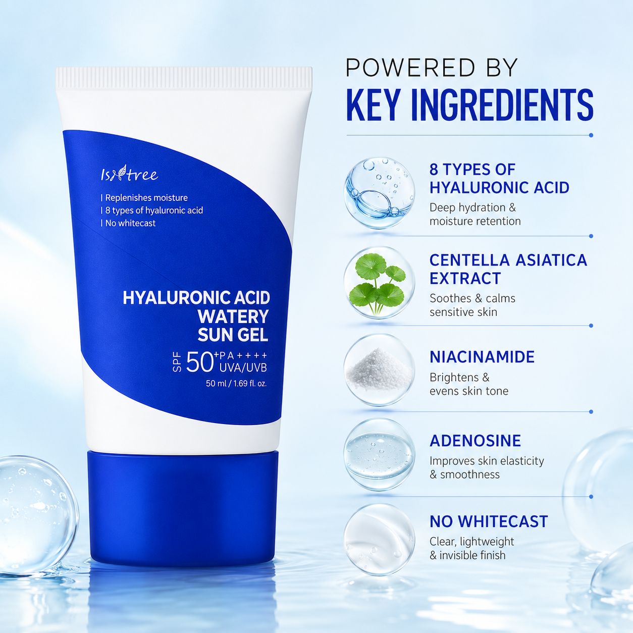 Isntree Hyaluronic Acid Watery Sun Gel SPF50+ PA++++ hydrating facial sunscreen 50ml with lightweight no white cast protection.