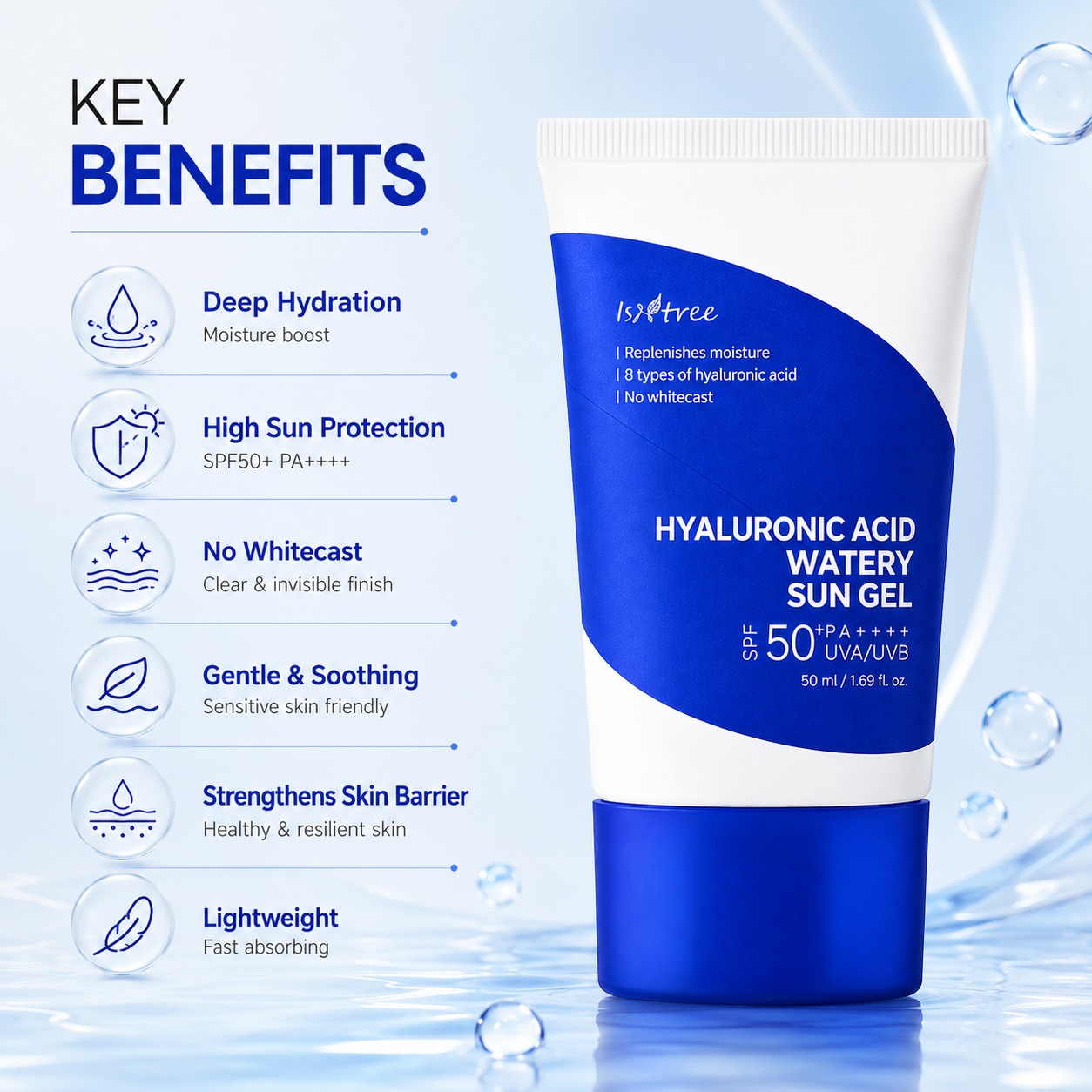Isntree Hyaluronic Acid Watery Sun Gel SPF50+ PA++++ hydrating facial sunscreen 50ml with lightweight no white cast protection.