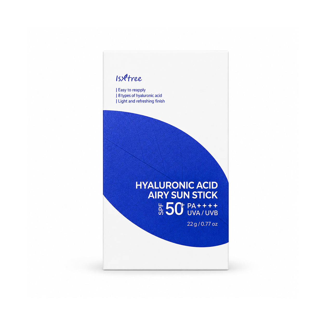 Isntree Hyaluronic Acid Airy Sun Stick SPF50+ PA++++ 22g facial sunscreen stick providing lightweight UVA/UVB protection and lasting hydration.