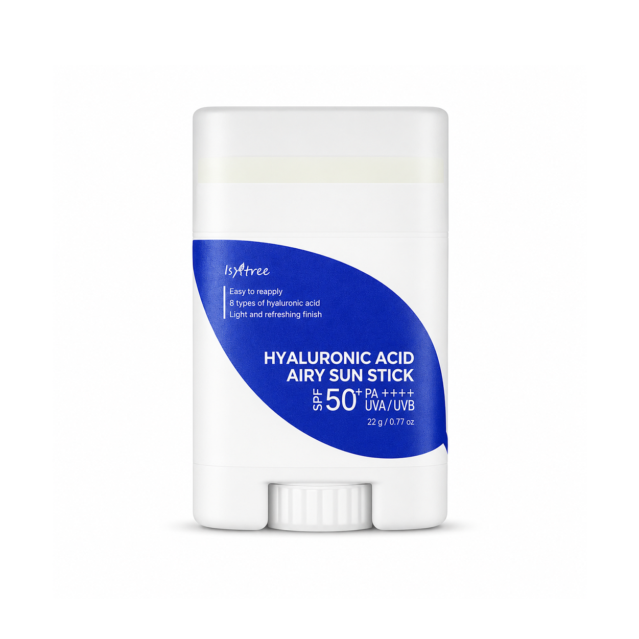 Isntree Hyaluronic Acid Airy Sun Stick SPF50+ PA++++ 22g facial sunscreen stick providing lightweight UVA/UVB protection and lasting hydration.