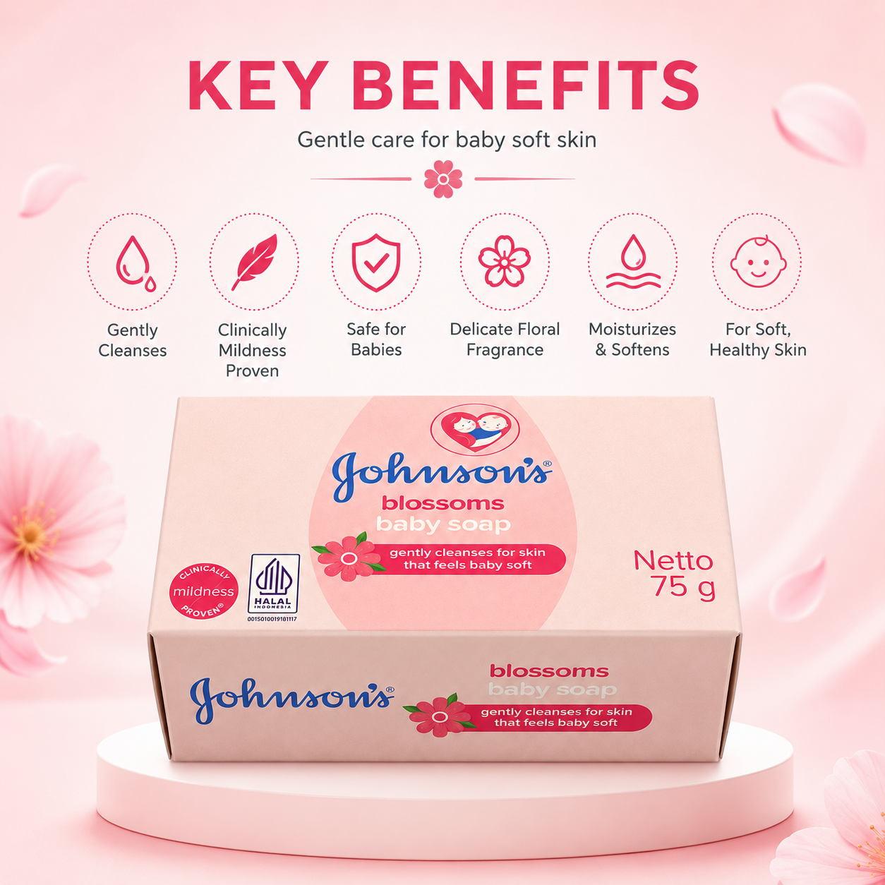 Johnson’s Blossoms Baby Soap 75g gentle baby cleansing bar for soft delicate skin with mild floral fragrance