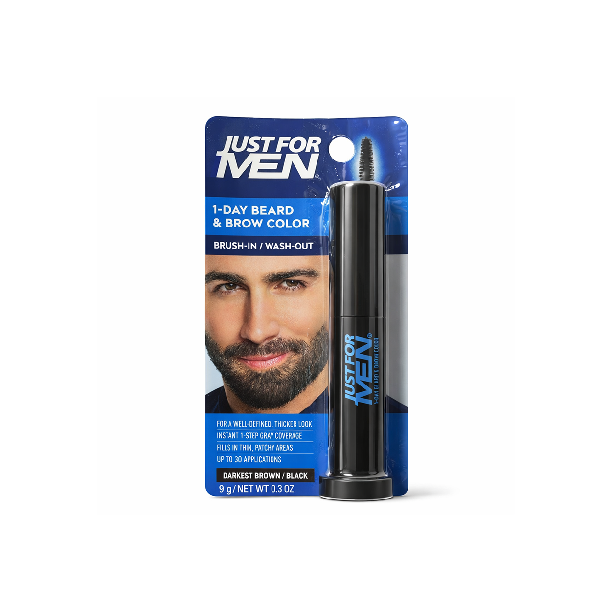 Just For Men 1-Day Beard & Brow Color Darkest Brown Black 9g temporary beard color for instant gray coverage and fuller beard look