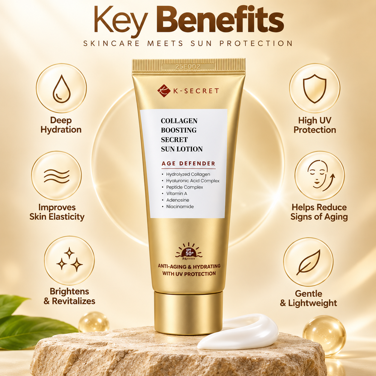 K-SECRET Collagen Boosting Secret Sun Lotion 60ml facial sunscreen with SPF 50+ for anti-aging UV protection
