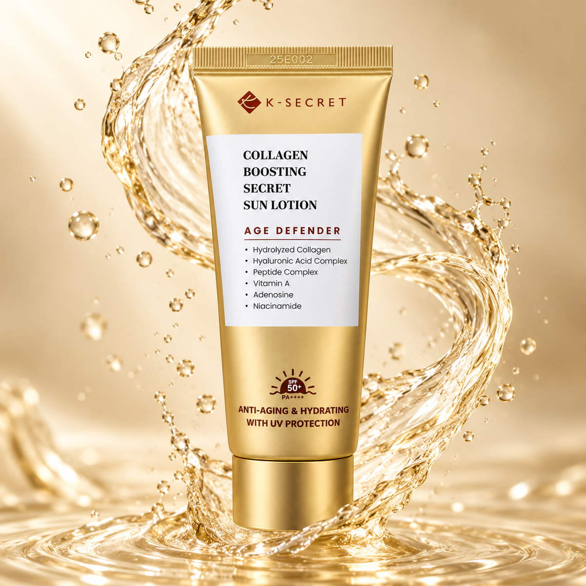 K-SECRET Collagen Boosting Secret Sun Lotion 60ml facial sunscreen with SPF 50+ for anti-aging UV protection