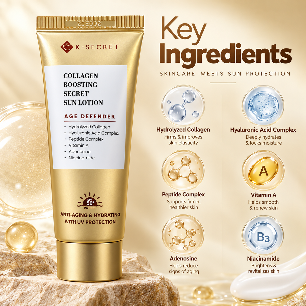 K-SECRET Collagen Boosting Secret Sun Lotion 60ml facial sunscreen with SPF 50+ for anti-aging UV protection