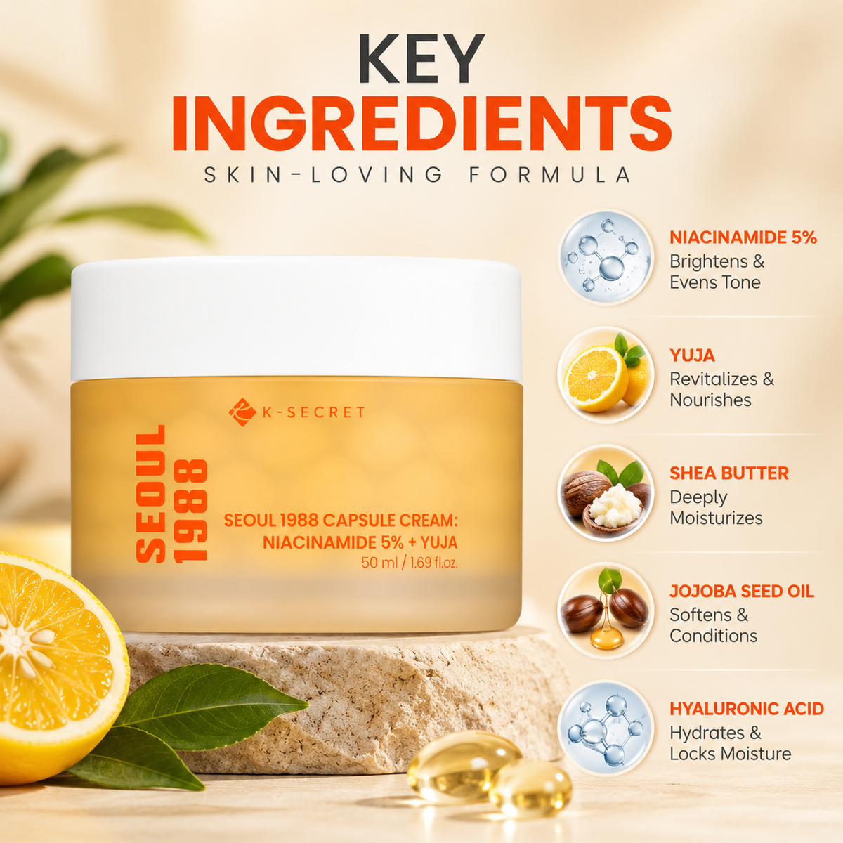K-SECRET Seoul 1988 Capsule Cream Niacinamide 5% + Yuja 50ml facial cream for dry skin hydration