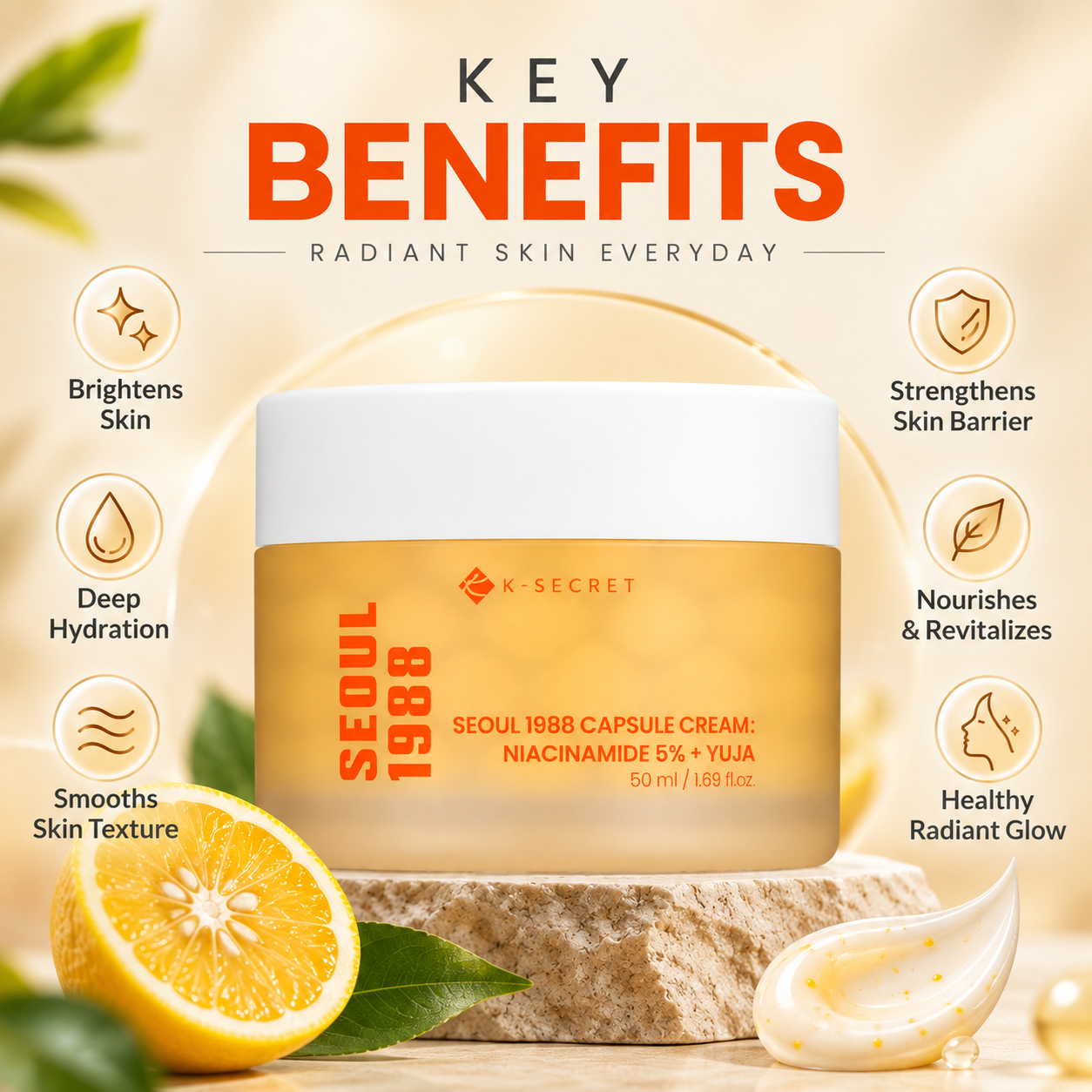 K-SECRET Seoul 1988 Capsule Cream Niacinamide 5% + Yuja 50ml facial cream for dry skin hydration