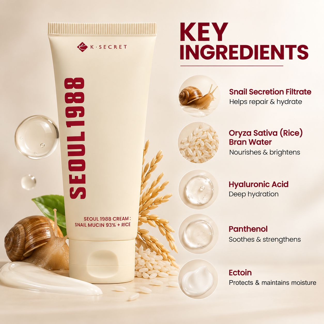 K-SECRET SEOUL 1988 CREAM : SNAIL MUCIN 93% + RICE 100ml face cream for hydrating and nourishing dry skin