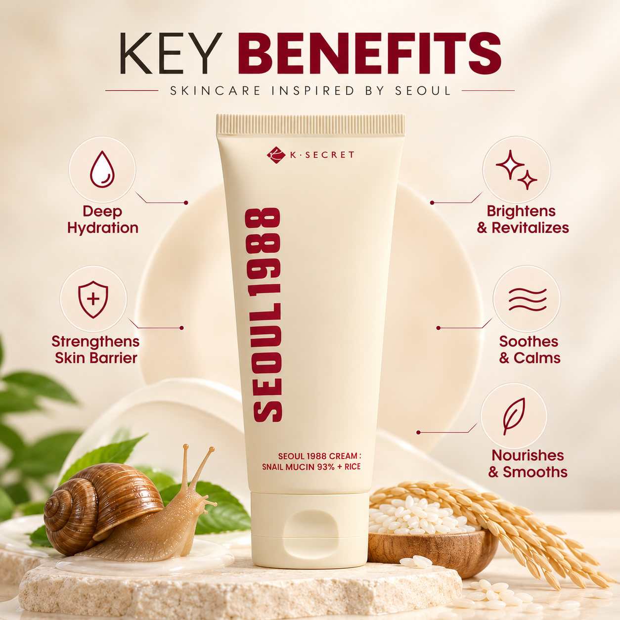 K-SECRET SEOUL 1988 CREAM : SNAIL MUCIN 93% + RICE 100ml face cream for hydrating and nourishing dry skin