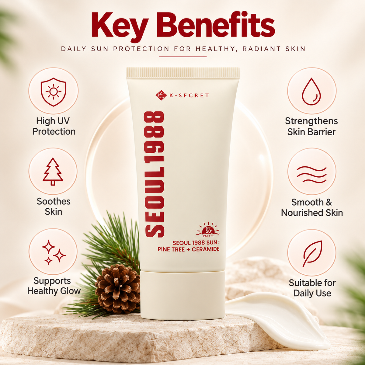 K-SECRET Seoul 1988 Sun Pine Tree + Ceramide SPF 50+ facial sunscreen 50ml for daily UV protection