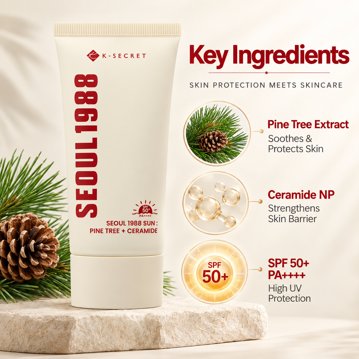 K-SECRET Seoul 1988 Sun Pine Tree + Ceramide SPF 50+ facial sunscreen 50ml for daily UV protection