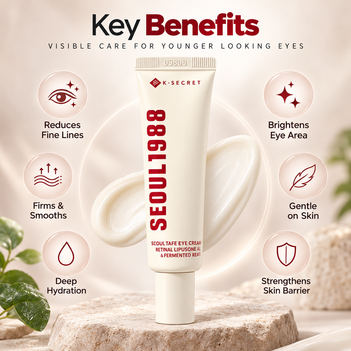 K-Secret Seoul 1988 Eye Cream Retinal Liposome 4% + Fermented Bean Eye Cream 30ml helps reduce fine lines and improve skin firmness.