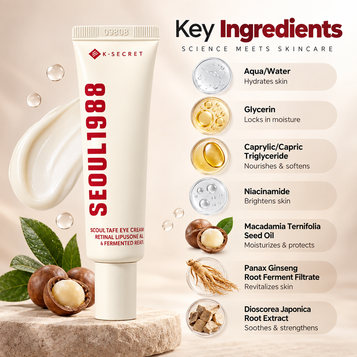 K-Secret Seoul 1988 Eye Cream Retinal Liposome 4% + Fermented Bean Eye Cream 30ml helps reduce fine lines and improve skin firmness.