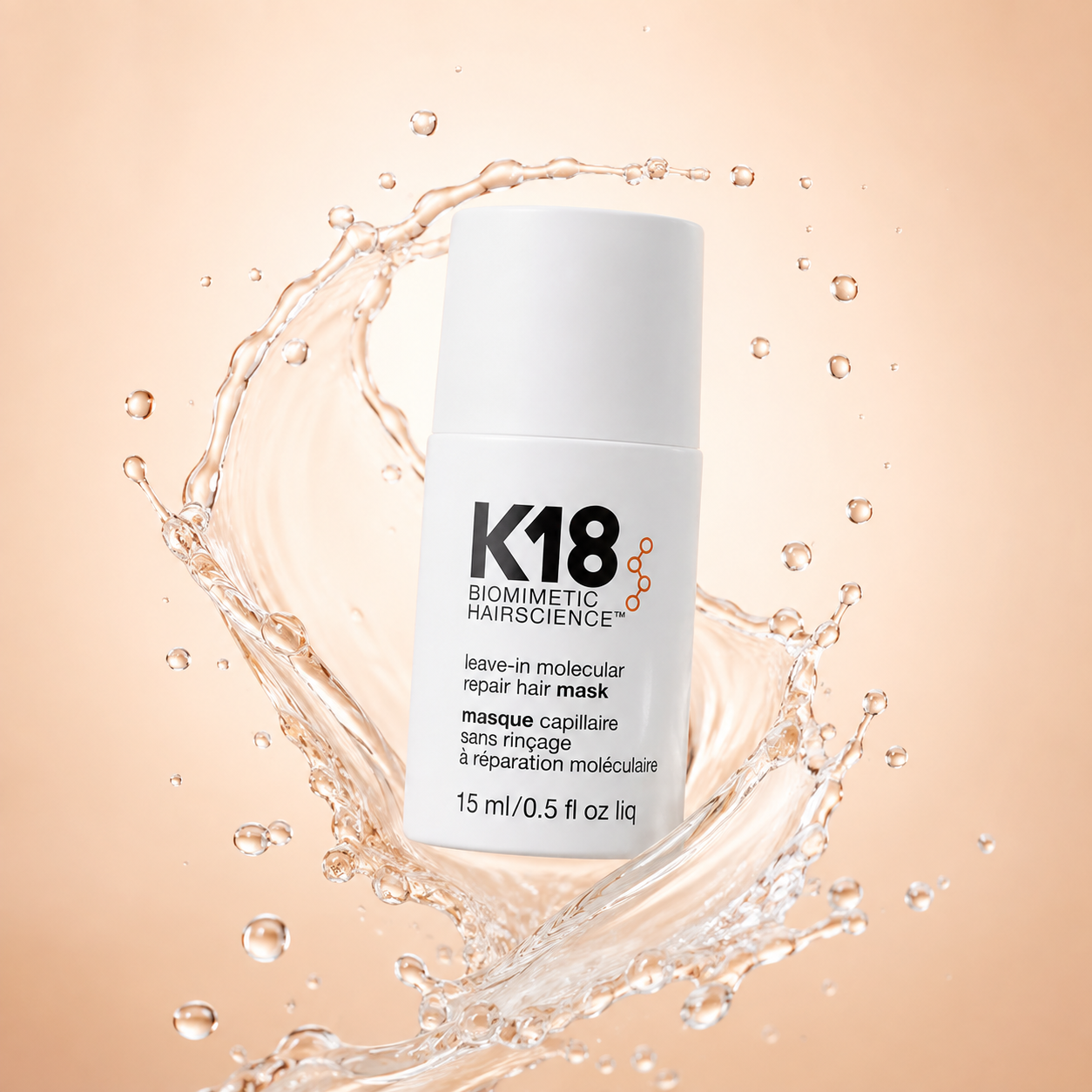 K18 Biomimetic Hairscience Leave-In Molecular Repair Hair Mask 15ml, no-rinse hair treatment for damaged hair