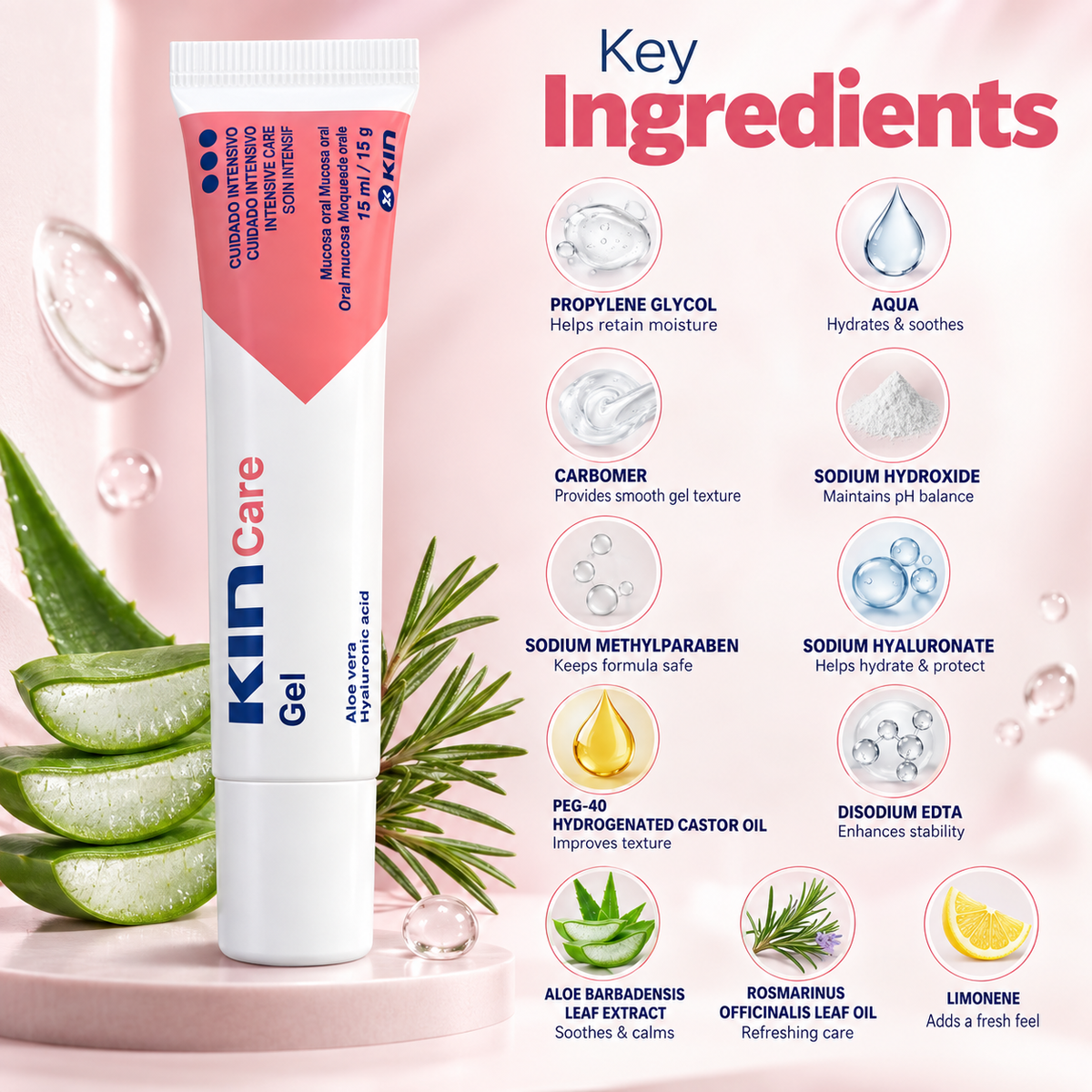 KIN Care Gel oral mucosa care gel 15ml / 15g with aloe vera and hyaluronic acid for intensive oral care