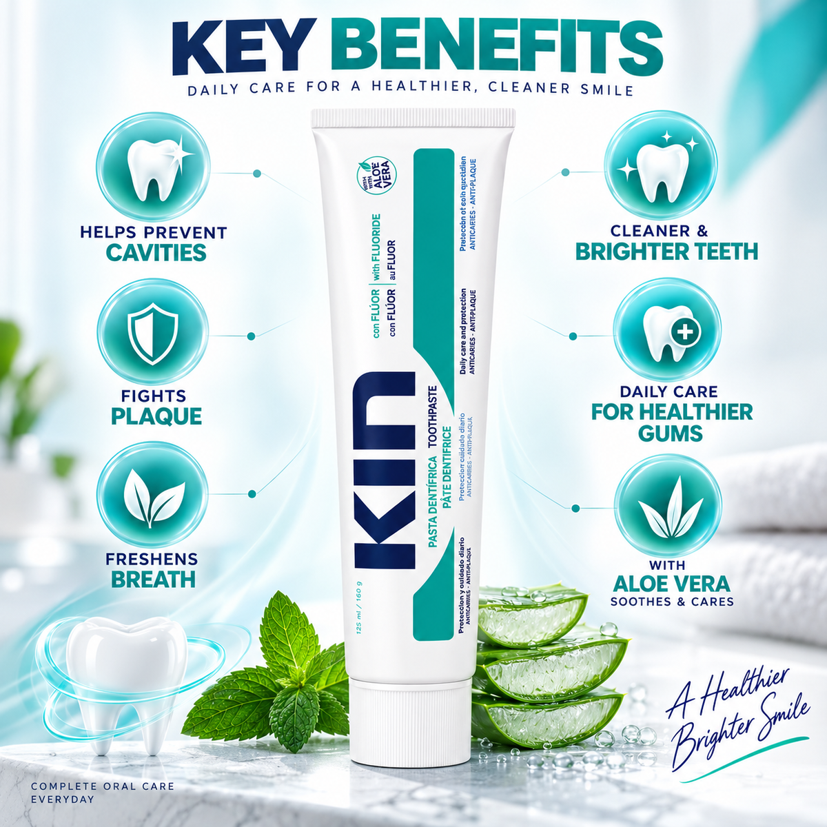 KIN Toothpaste with Fluoride 125ml/160g, daily fluoride toothpaste for cavity and plaque protection