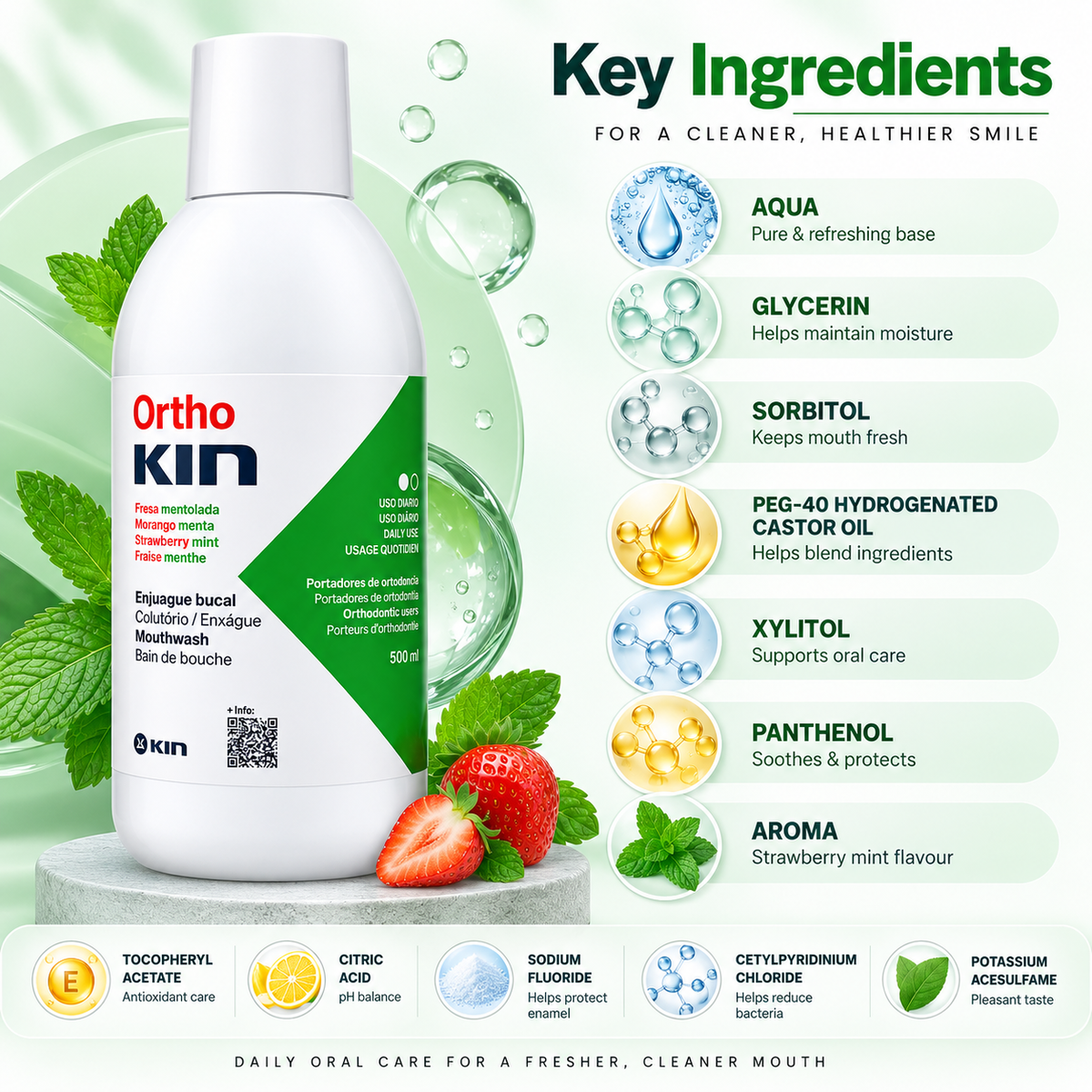 KIN Ortho Mouthwash Strawberry Mint 500ml, alcohol-free orthodontic mouthwash for daily oral hygiene and braces care