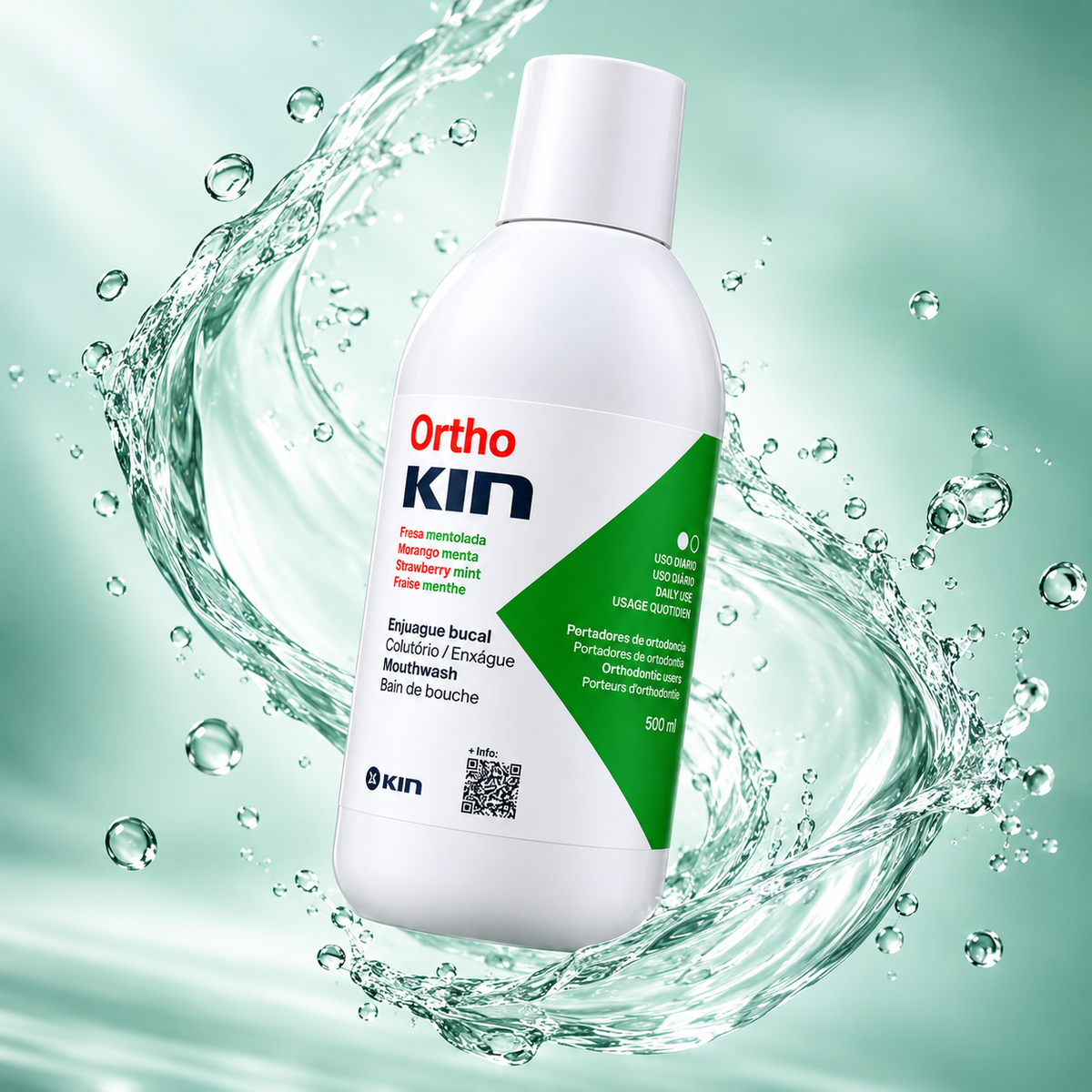 KIN Ortho Mouthwash Strawberry Mint 500ml, alcohol-free orthodontic mouthwash for daily oral hygiene and braces care