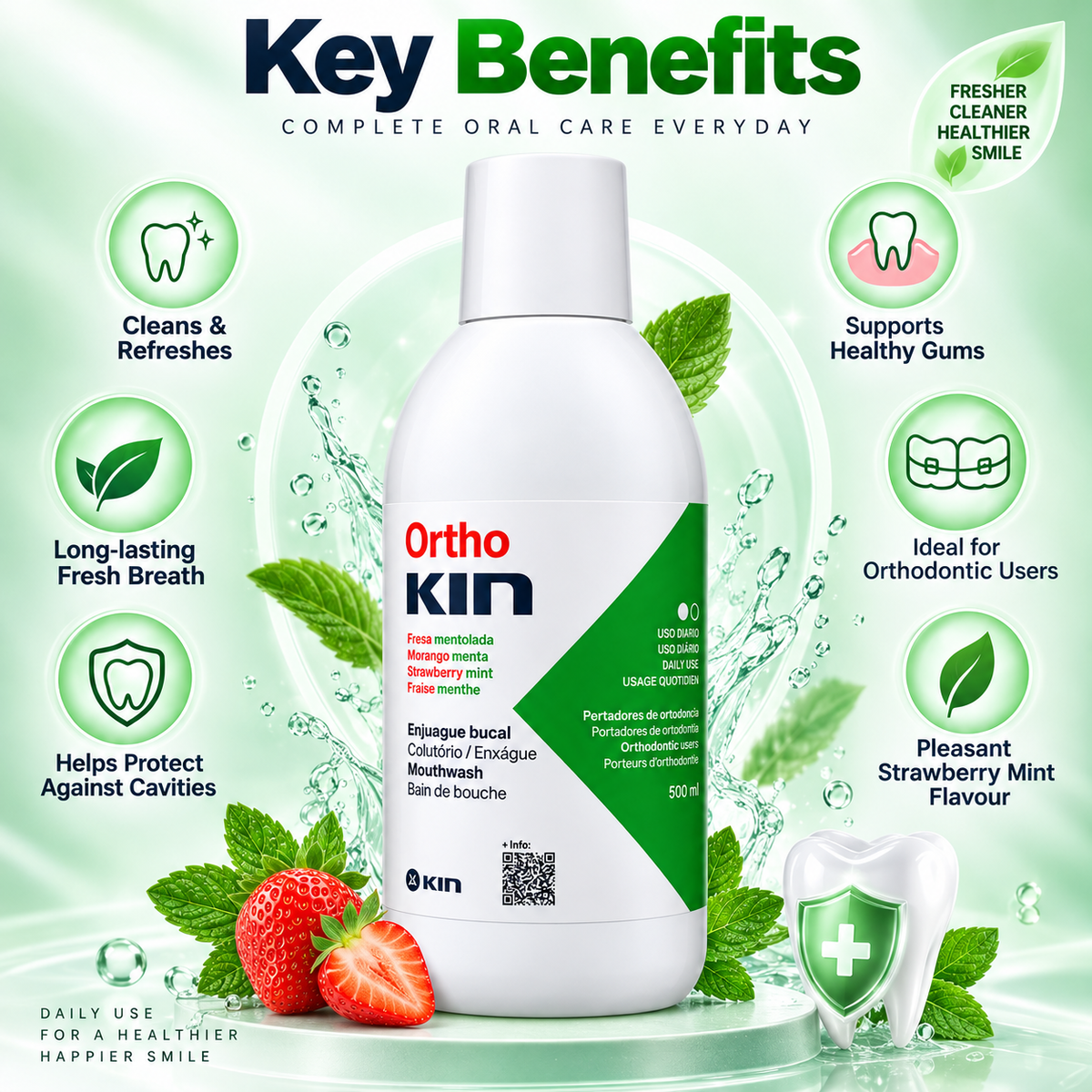 KIN Ortho Mouthwash Strawberry Mint 500ml, alcohol-free orthodontic mouthwash for daily oral hygiene and braces care