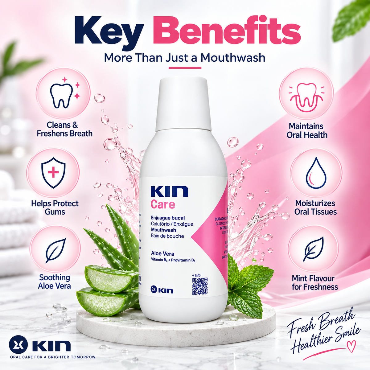 KIN Care Mouthwash 250ml with Aloe Vera for intensive oral mucosa care and fresh mint breath