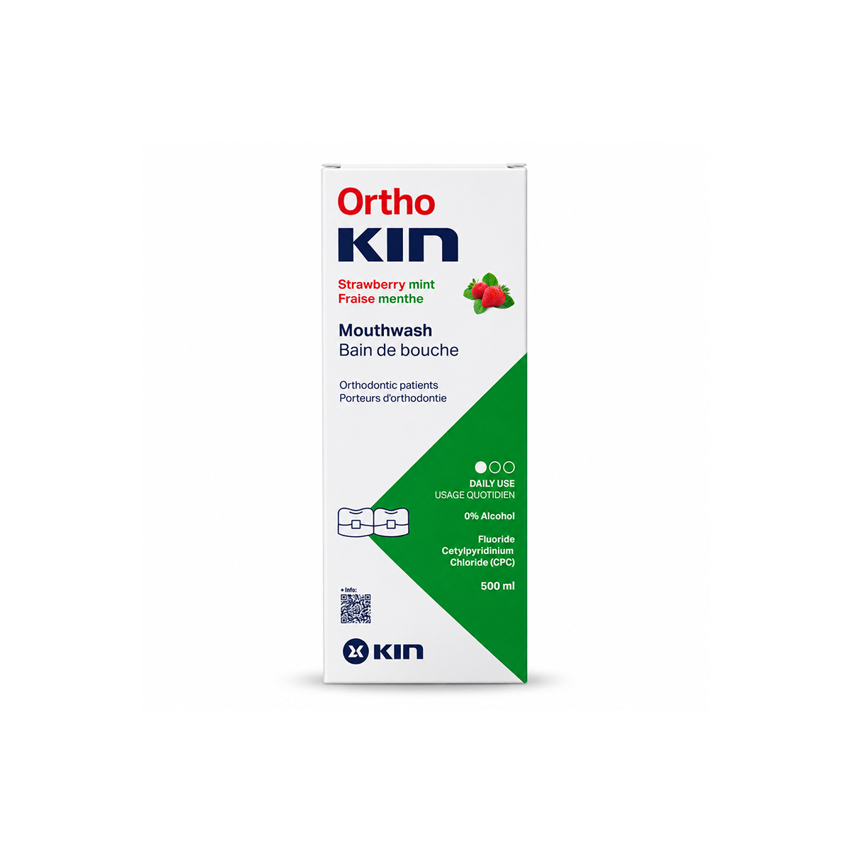 KIN Ortho Mouthwash Strawberry Mint 500ml, alcohol-free orthodontic mouthwash for daily oral hygiene and braces care