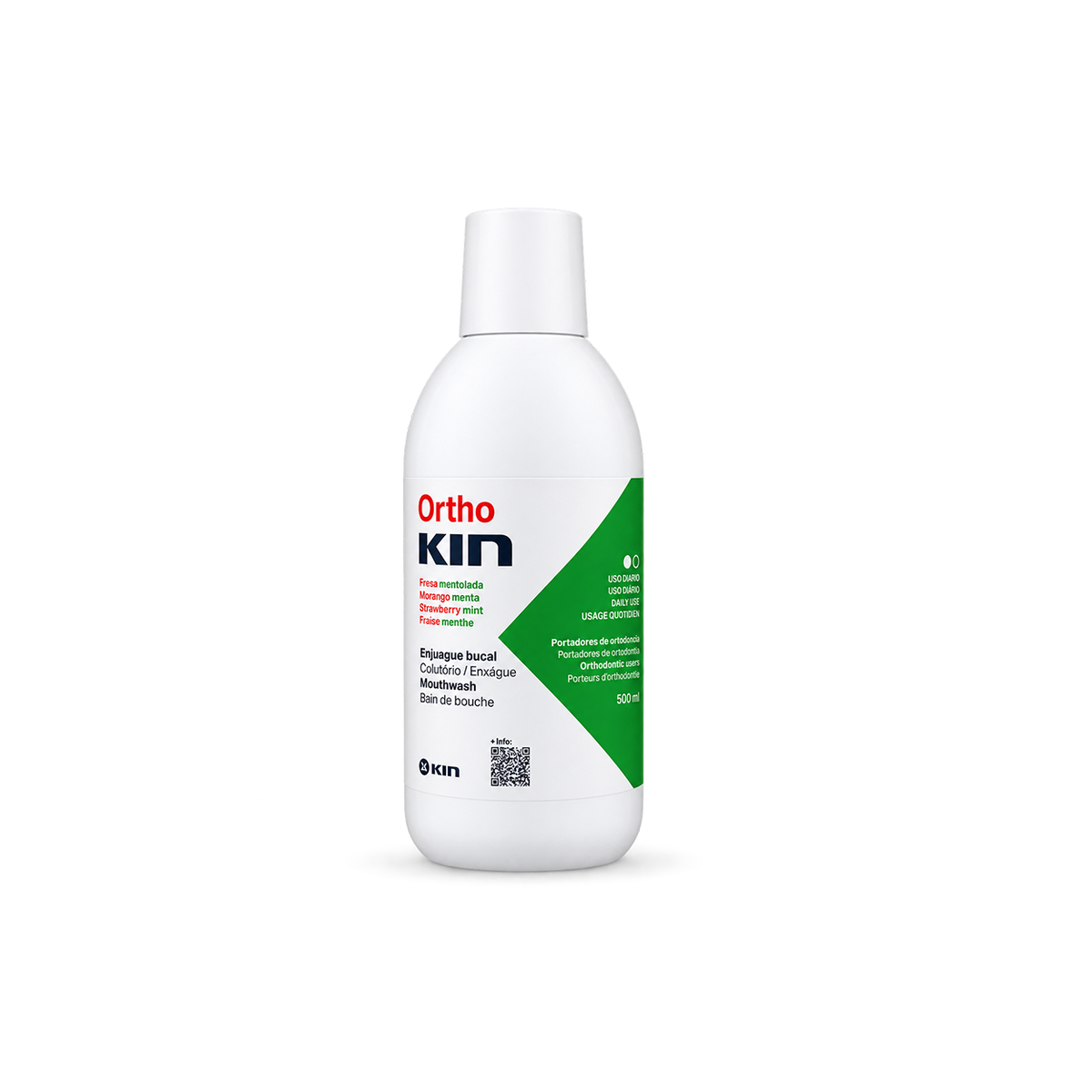 KIN Ortho Mouthwash Strawberry Mint 500ml, alcohol-free orthodontic mouthwash for daily oral hygiene and braces care