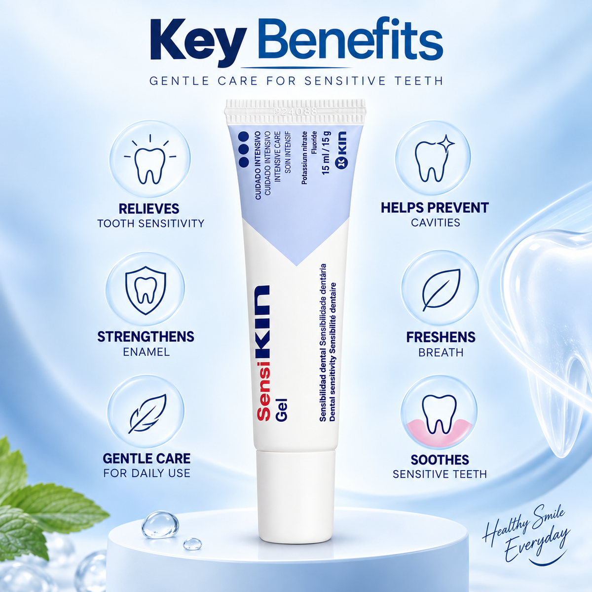 KIN Sensi Gel intensive care dental gel 15ml for sensitive teeth, formulated with potassium nitrate and fluoride