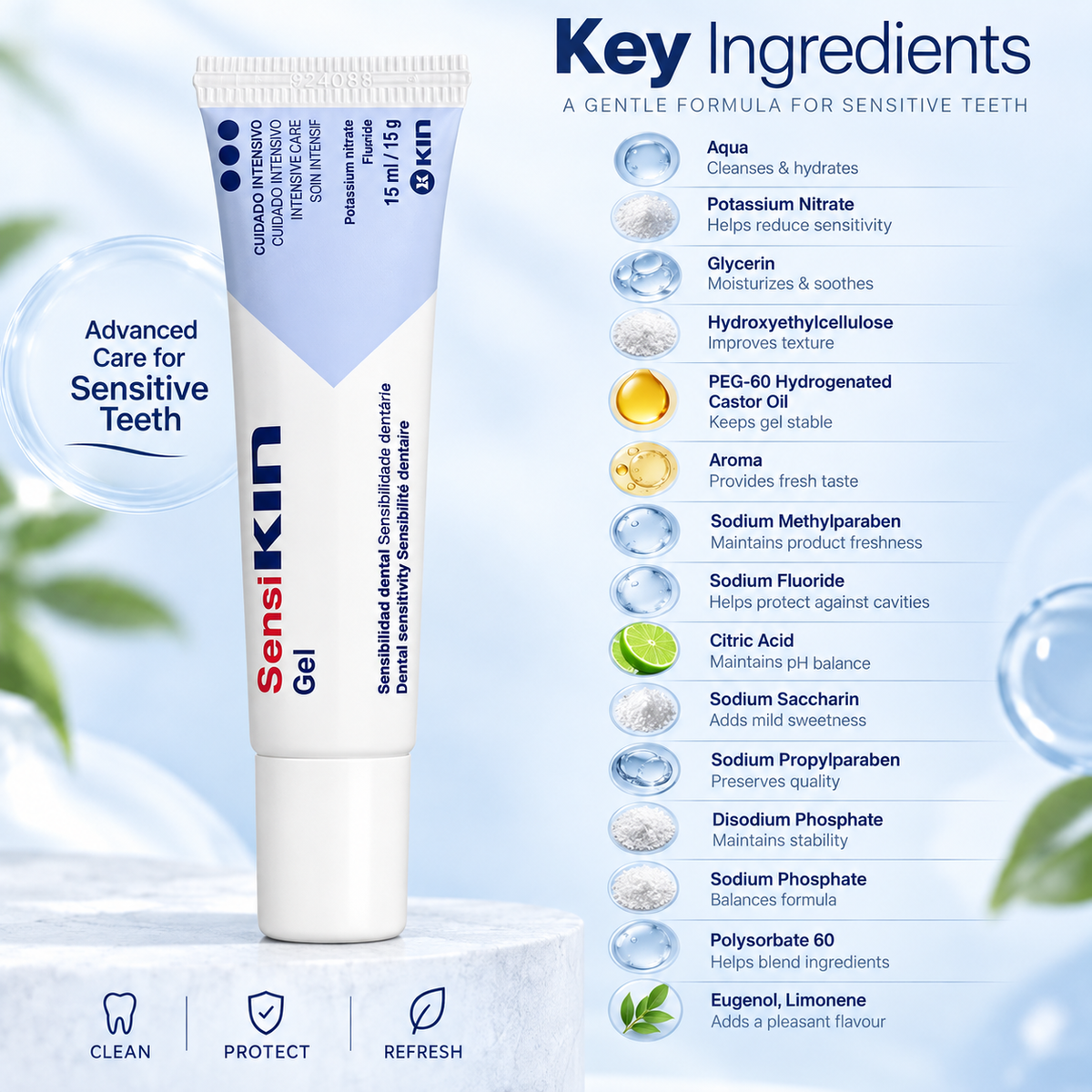 KIN Sensi Gel intensive care dental gel 15ml for sensitive teeth, formulated with potassium nitrate and fluoride