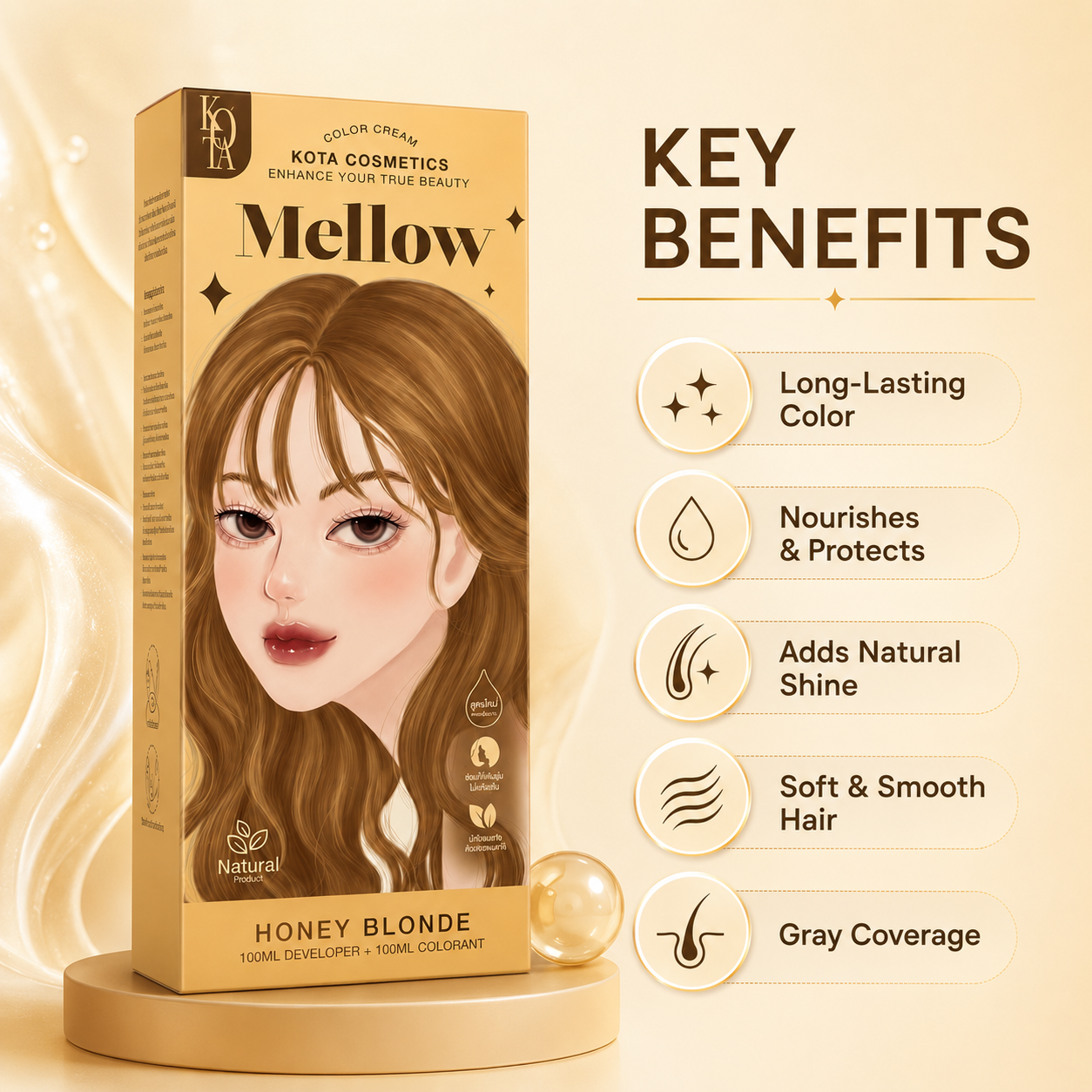 KOTA Cosmetics Mellow Honey Blonde Permanent Hair Color Cream 100ml + 100ml for gray coverage and shiny smooth hair