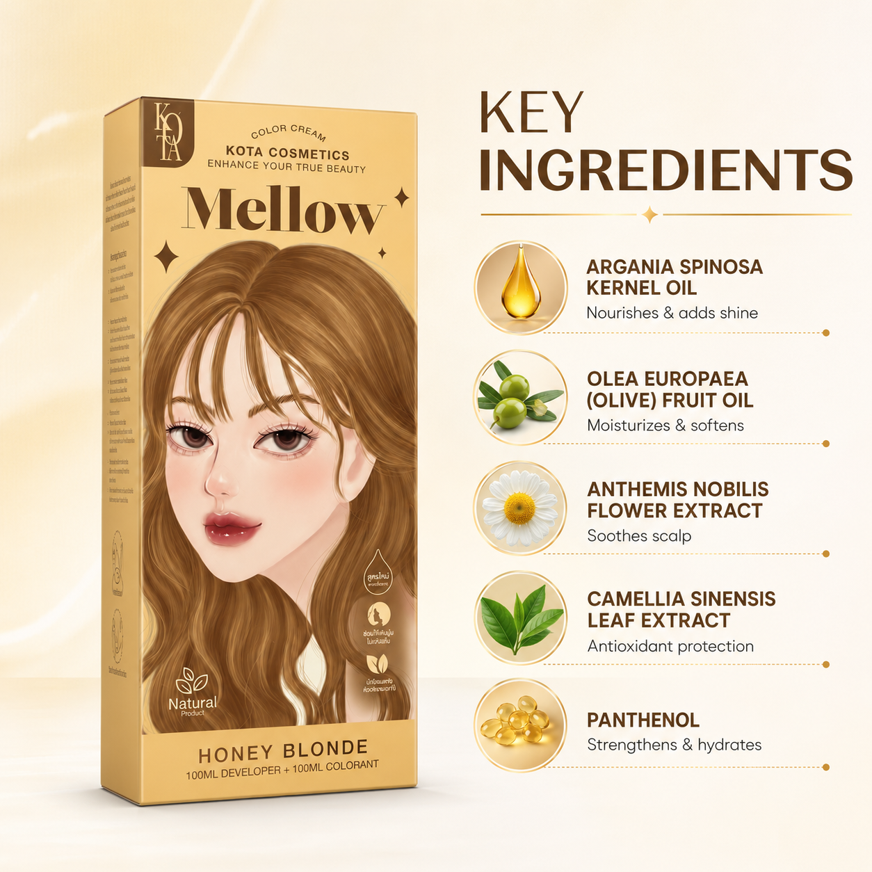 KOTA Cosmetics Mellow Honey Blonde Permanent Hair Color Cream 100ml + 100ml for gray coverage and shiny smooth hair