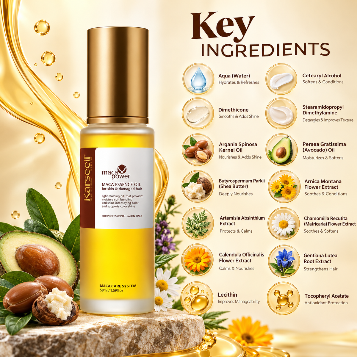 Karseell Maca Essence Oil 50ml hair oil for dry and damaged hair, designed to moisturise hair and enhance shine