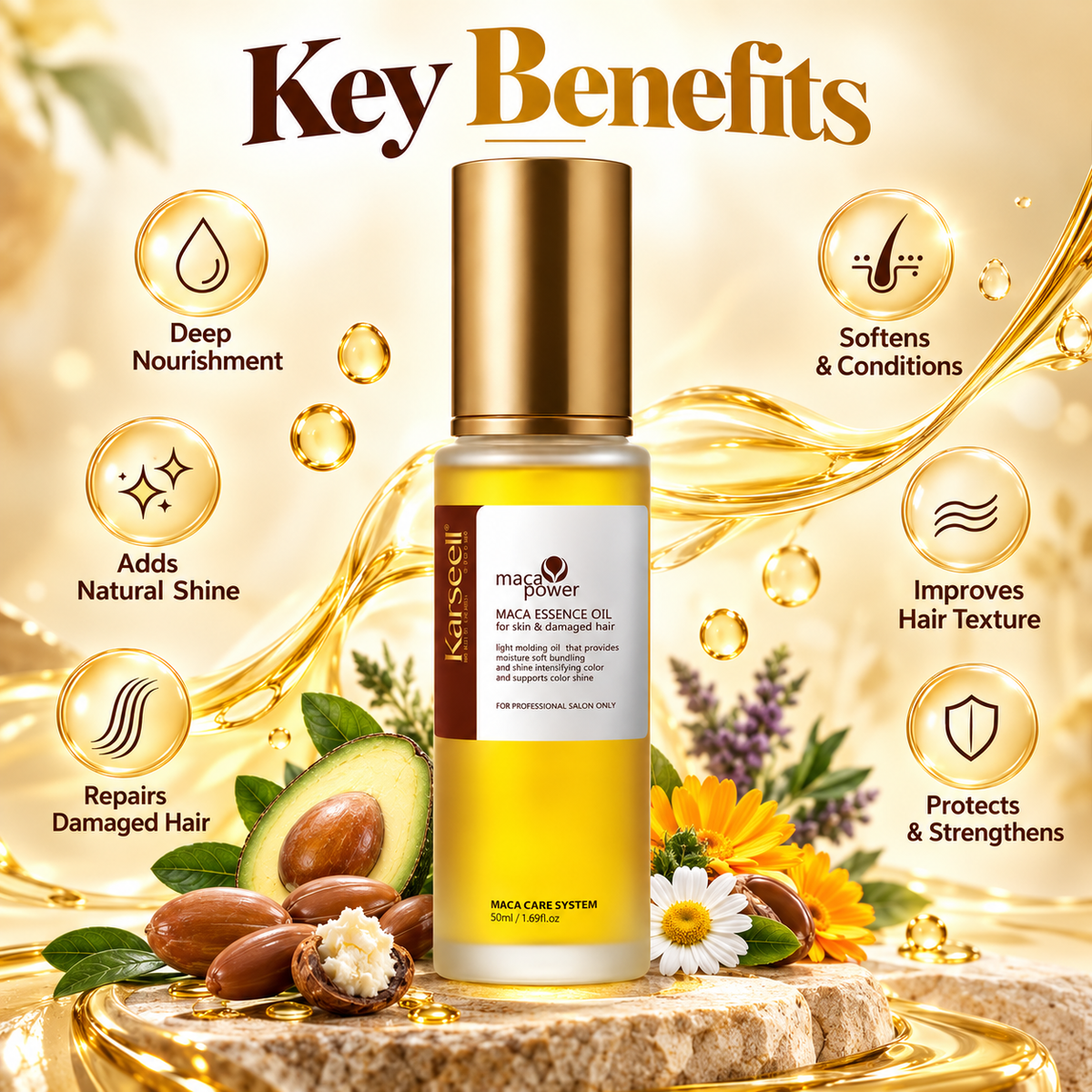 Karseell Maca Essence Oil 50ml hair oil for dry and damaged hair, designed to moisturise hair and enhance shine