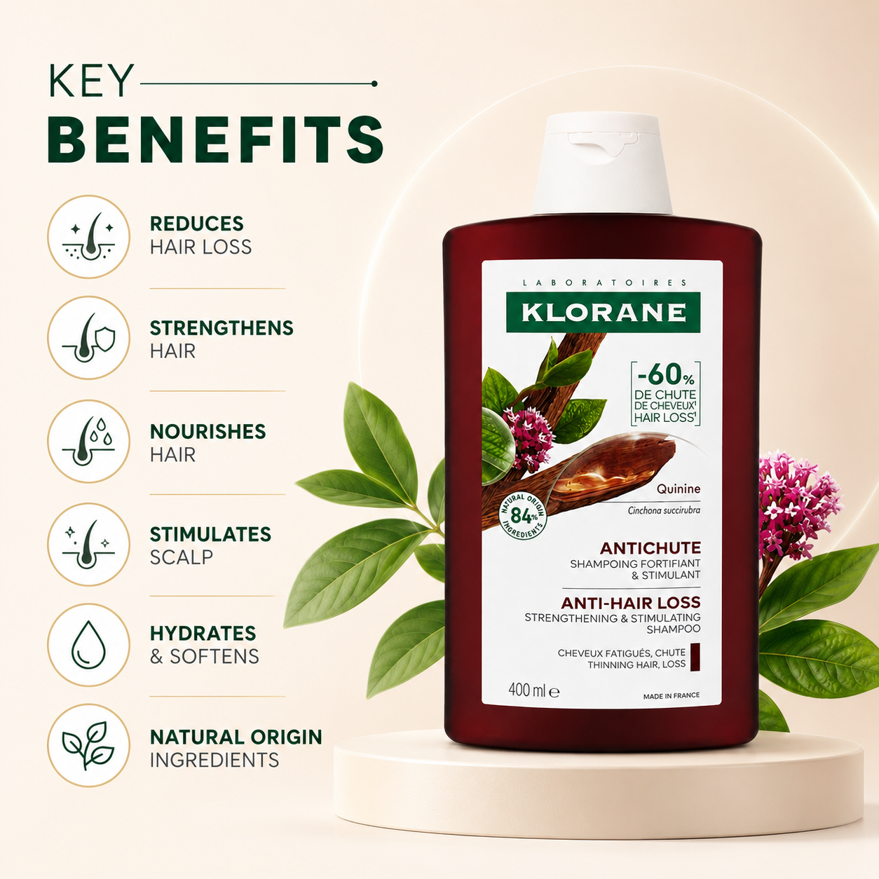 Klorane Anti-Hair Loss Strengthening Shampoo 400ml with quinine for thinning hair and scalp stimulation