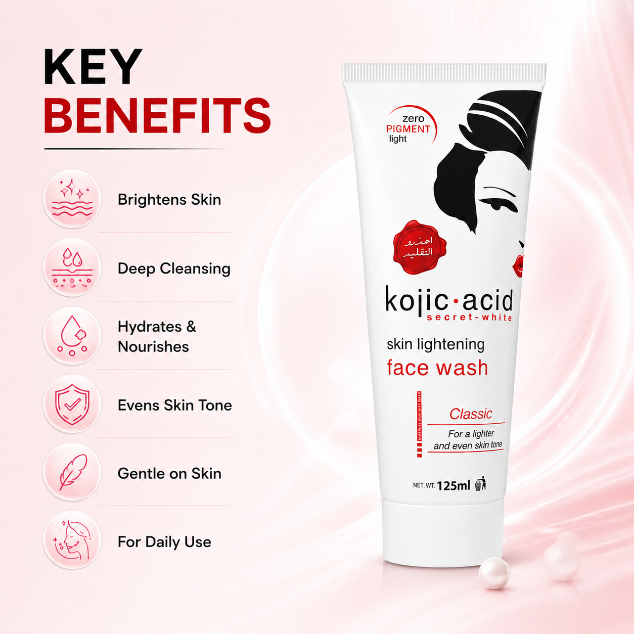 Kojic Acid Secret White Skin Lightening Face Wash 125ml brightening facial cleanser for uneven skin tone and dull skin
