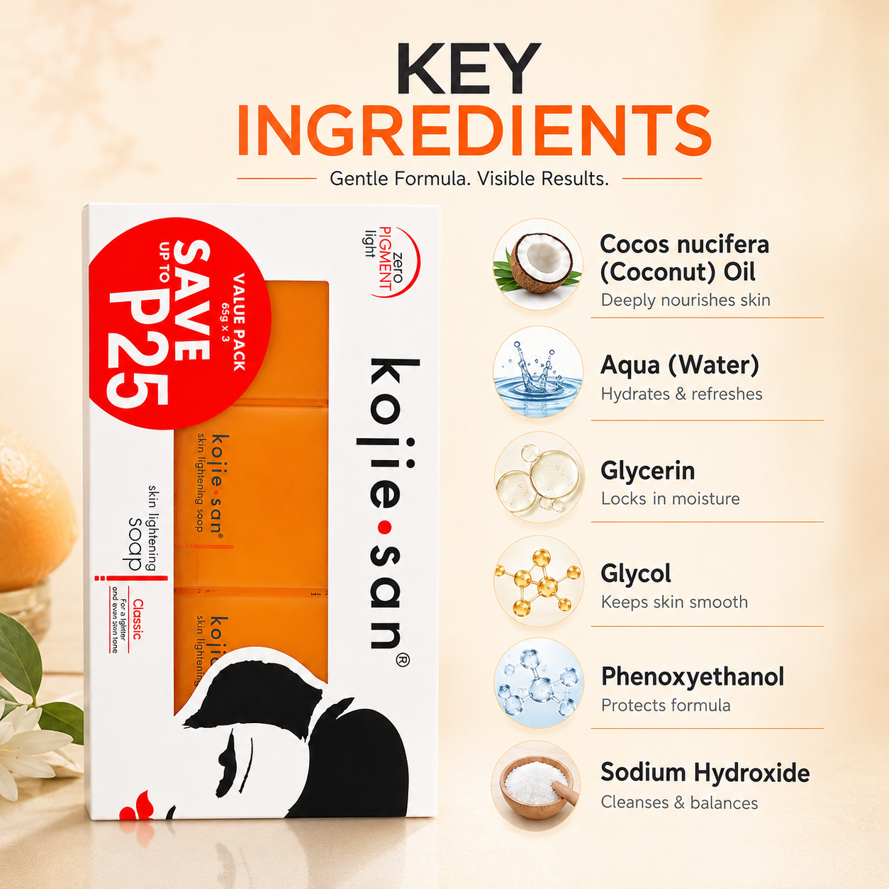 Kojie San Skin Lightening Soap Classic Value Pack 65g x 3 brightening soap bar formulated to help reduce dark spots and uneven skin tone.