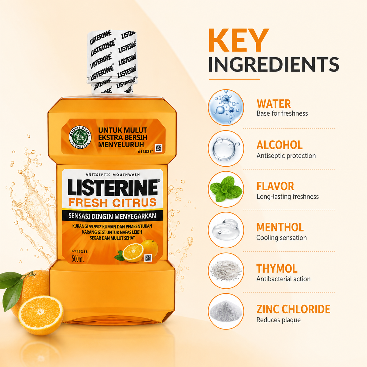 LISTERINE Fresh Citrus Antiseptic Mouthwash 500ml for germ and plaque protection and fresh breath