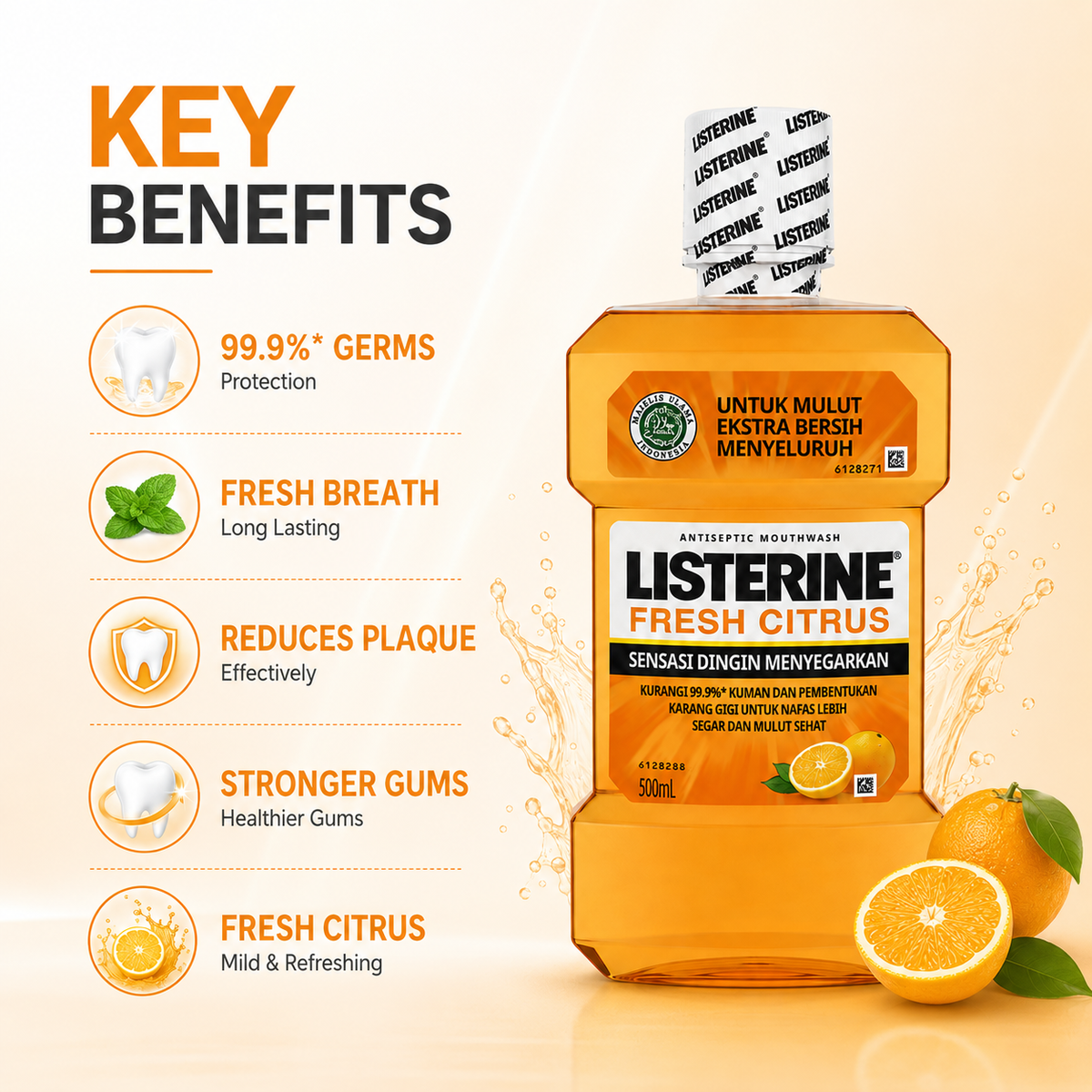 LISTERINE Fresh Citrus Antiseptic Mouthwash 500ml for germ and plaque protection and fresh breath