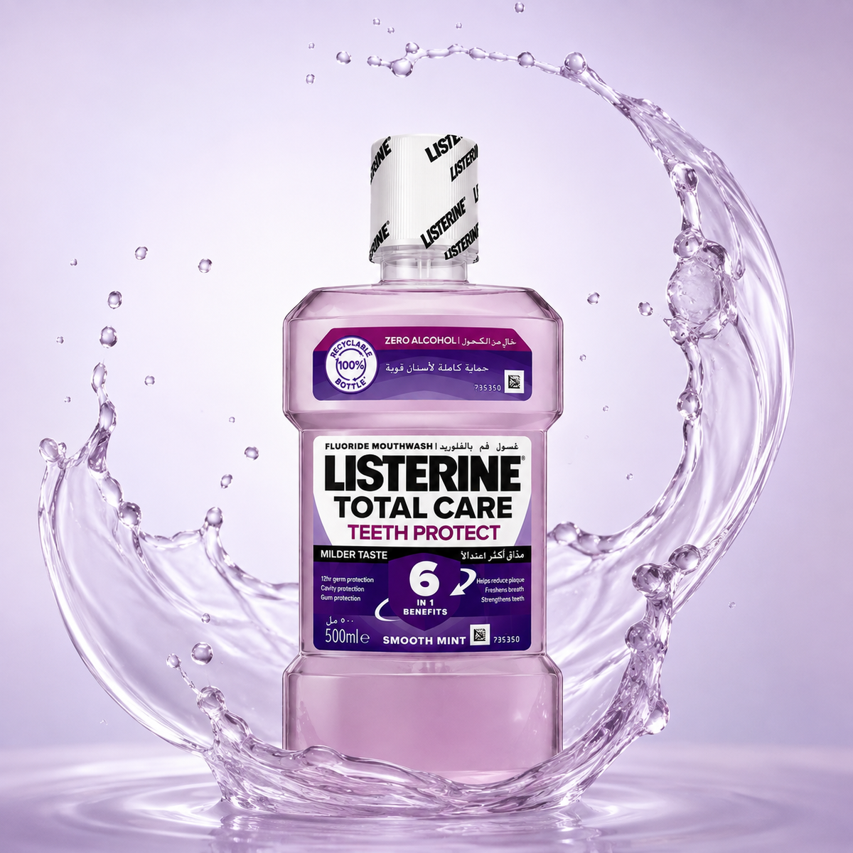 LISTERINE Total Care Teeth Protect Fluoride Mouthwash Smooth Mint 500ml for germ, plaque and cavity protection
