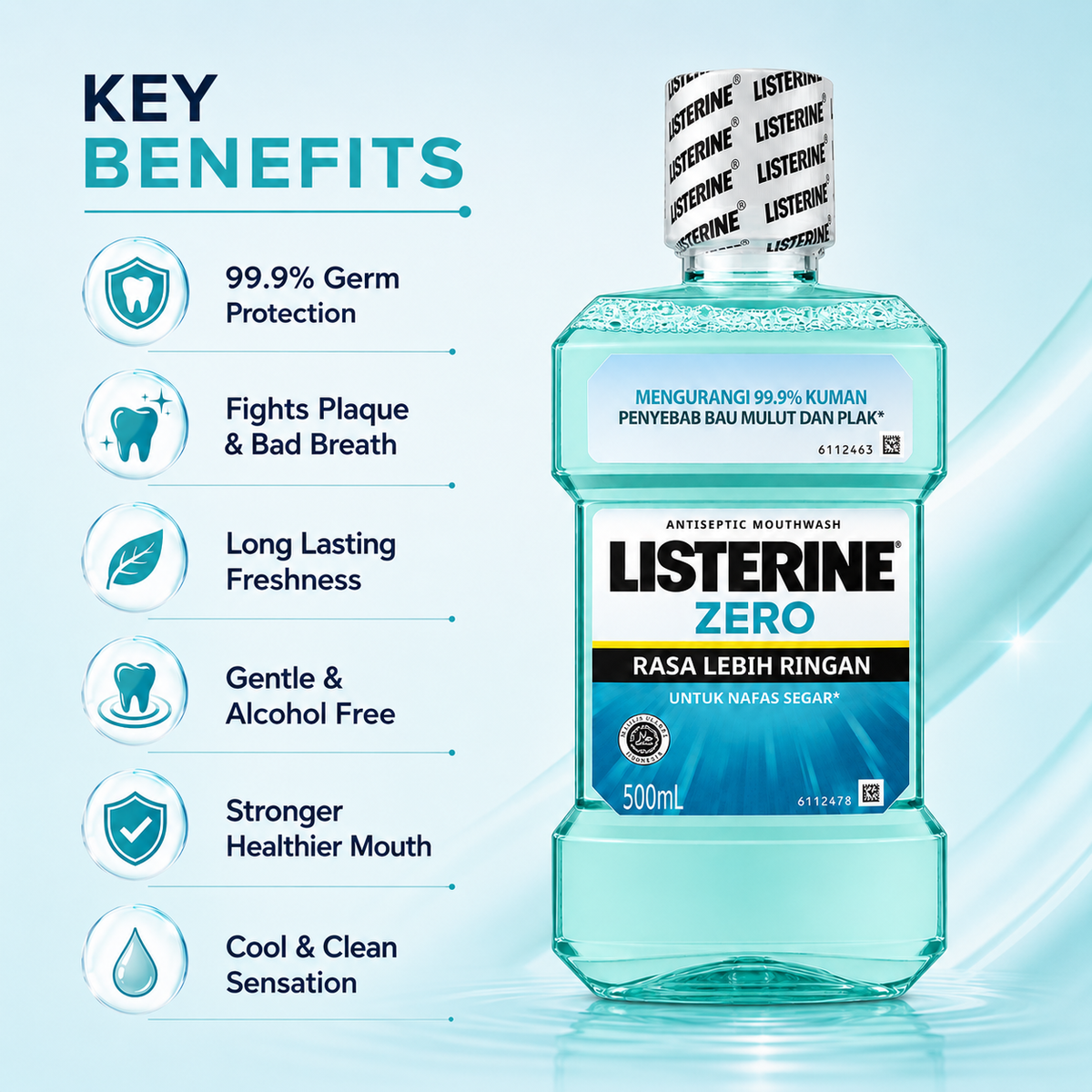 LISTERINE ZERO Antiseptic Mouthwash 500ml, alcohol-free formula for fresh breath and 99.9% germ reduction