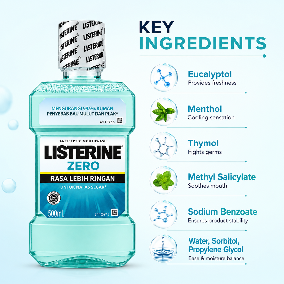 LISTERINE ZERO Antiseptic Mouthwash 500ml, alcohol-free formula for fresh breath and 99.9% germ reduction