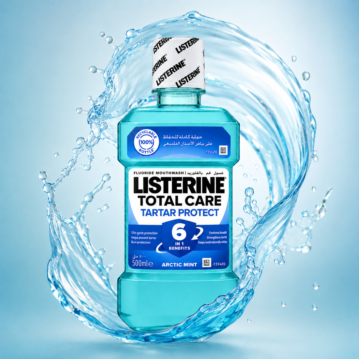 LISTERINE Total Care Tartar Protect Fluoride Mouthwash Arctic Mint 500ml for tartar protection and fresh breath