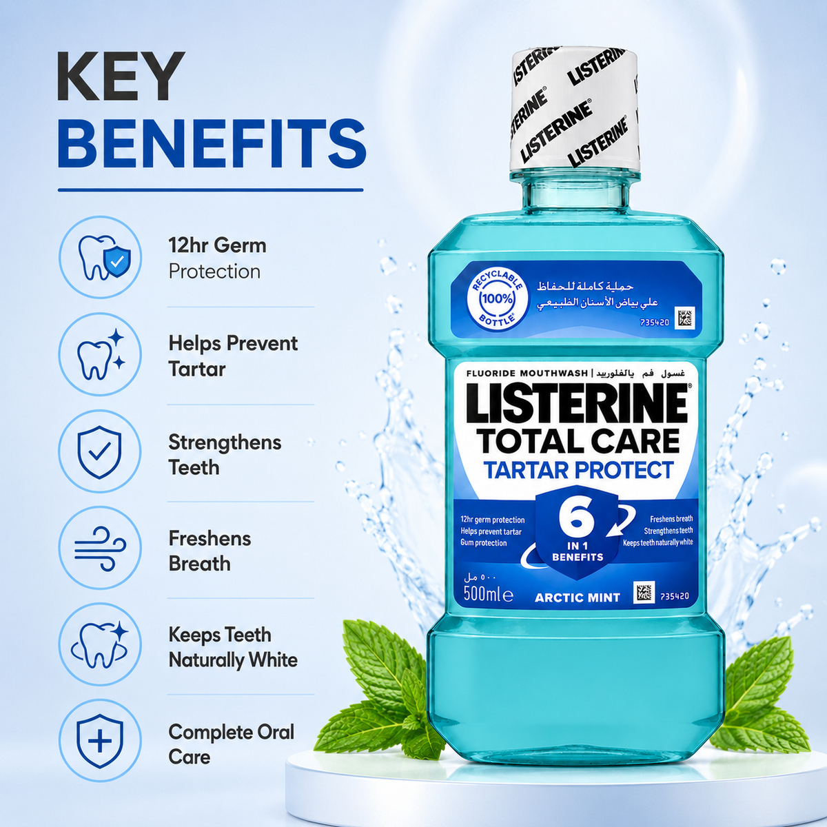 LISTERINE Total Care Tartar Protect Fluoride Mouthwash Arctic Mint 500ml for tartar protection and fresh breath