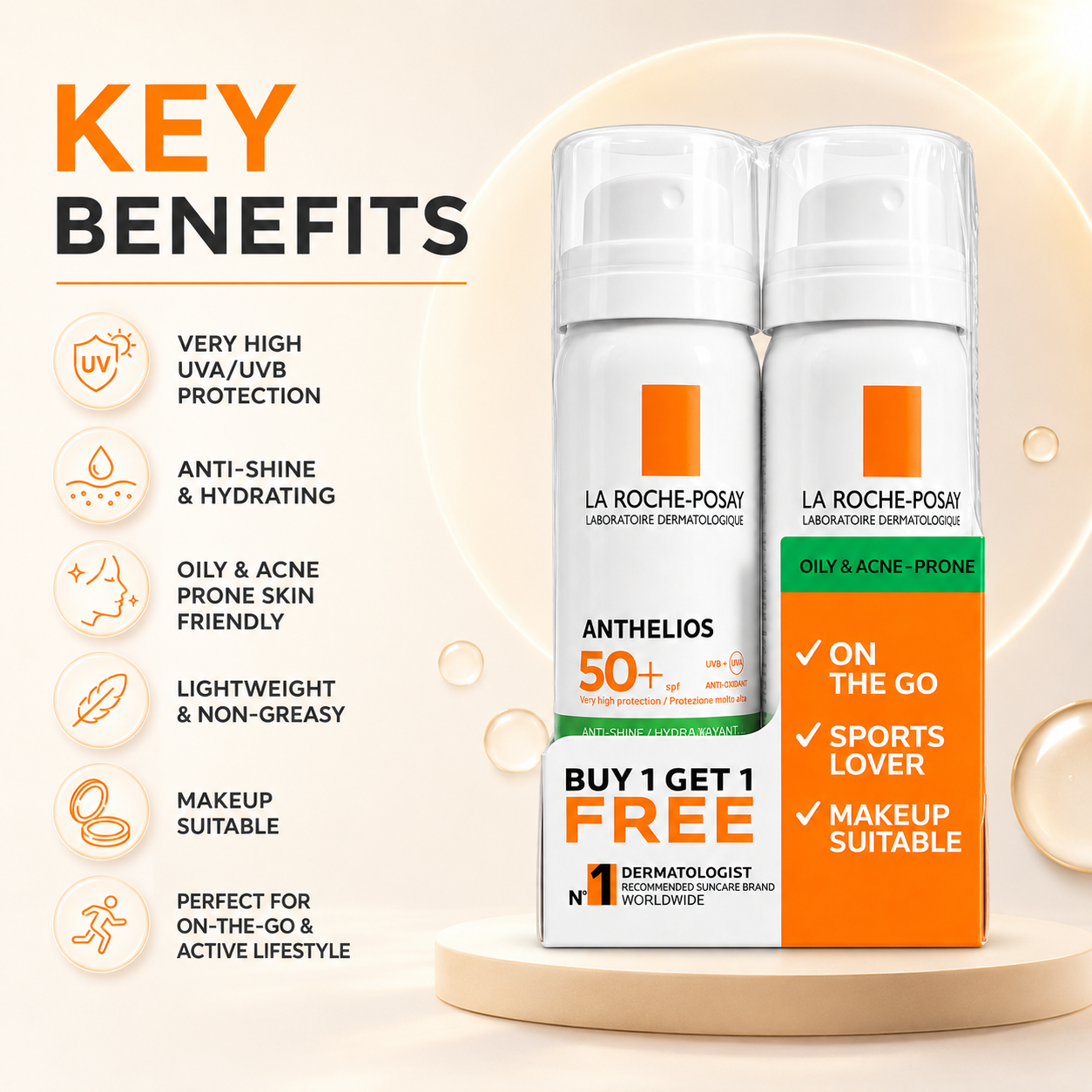 La Roche-Posay Anthelios SPF 50+ Anti-Shine Invisible Fresh Mist Twin Pack 2 x 75ml facial sunscreen spray for oily and acne-prone skin with broad-spectrum UV protection