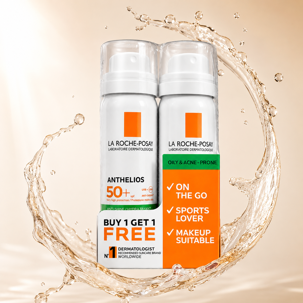La Roche-Posay Anthelios SPF 50+ Anti-Shine Invisible Fresh Mist Twin Pack 2 x 75ml facial sunscreen spray for oily and acne-prone skin with broad-spectrum UV protection